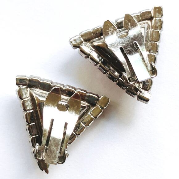 VTG Mid Century Mod Earrings Lucite Rhinestone Silver Tone Clip On Bold Sparkly - Picture 11 of 12